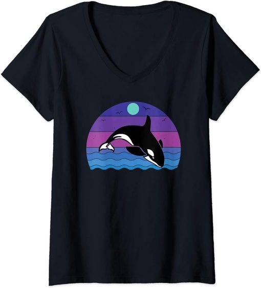 Womens Vintage Retro Orca Whale Watchers Graphic V-Neck T-Shirt