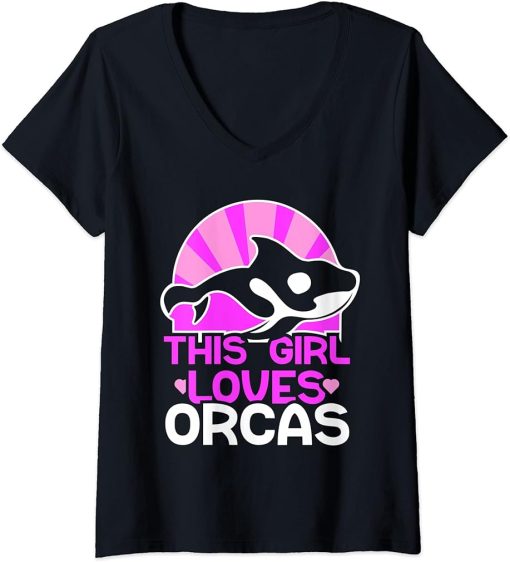 Womens This Girl Loves Orcas Sea Whale Protect Orca V-Neck T-Shirt