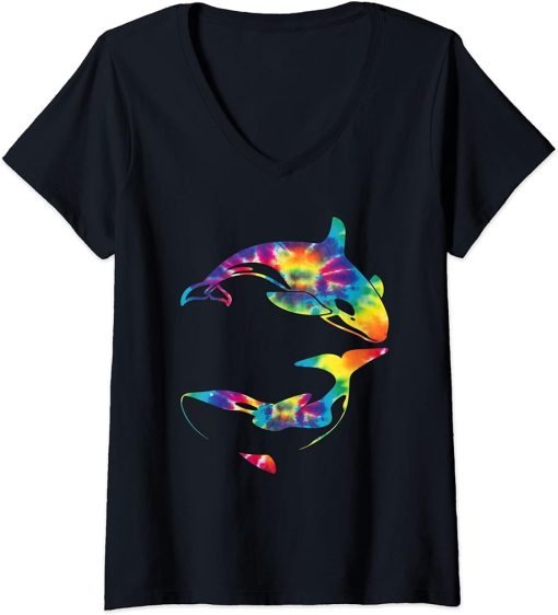 Womens Orca Whale Tie Dye Funny Orca Wave Lover V-Neck T-Shirt