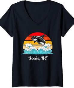 Womens Vintage Sooke BC Distressed Orca Killer Whale Art V-Neck T-Shirt