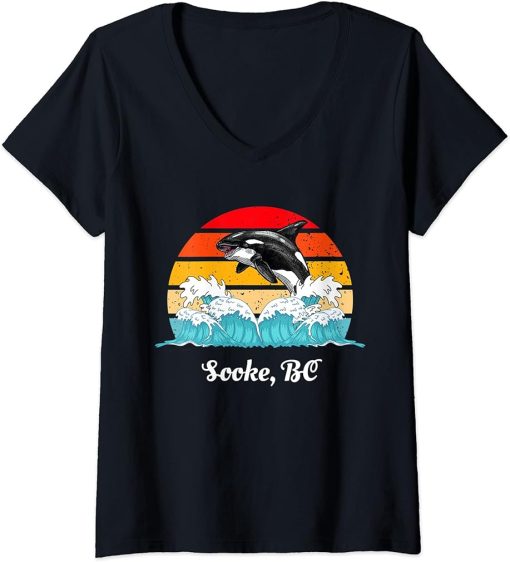 Womens Vintage Sooke BC Distressed Orca Killer Whale Art V-Neck T-Shirt