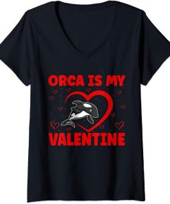 Womens Orca Is My Valentine Heart Shape Orca Fish Valentine V-Neck T-Shirt