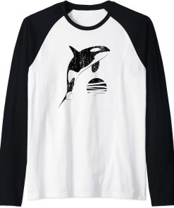 Orca Whale Jumping Sunset Retro Vintage Orca Graphic Raglan Baseball Tee