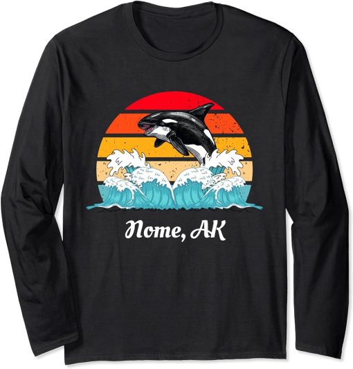 Vintage Nome AK Distressed Orca Killer Whale Art Long Sleeve T-Shirt