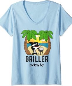 Womens Funny whale griller whale fun bbq barbecue orca whale fish V-Neck T-Shirt