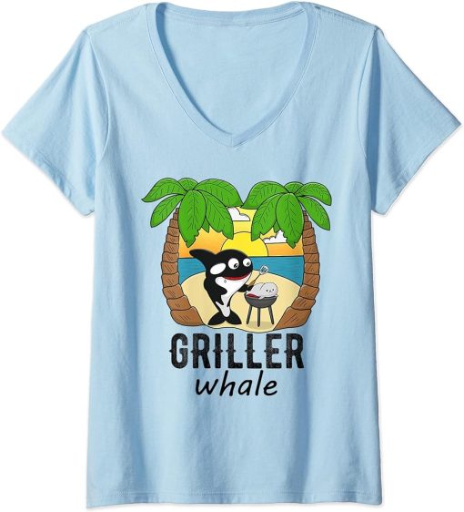 Womens Funny whale griller whale fun bbq barbecue orca whale fish V-Neck T-Shirt