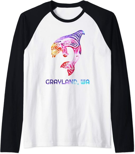 Grayland WA Native American Orca Killer Whale Raglan Baseball Tee