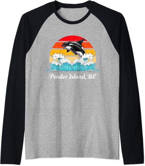 Vintage Pender Island BC Distressed Orca Killer Whale Art Raglan Baseball Tee