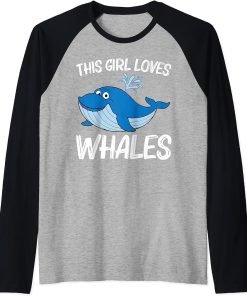 Funny Whale Art For Girls Kid Orca Narwhal Blue Whales Raglan Baseball Tee